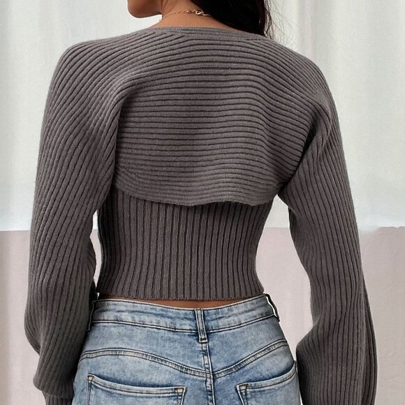 Grey Casual Womens Ripped Knit Knit Tube Top With Bolero - Picture 2 of 5